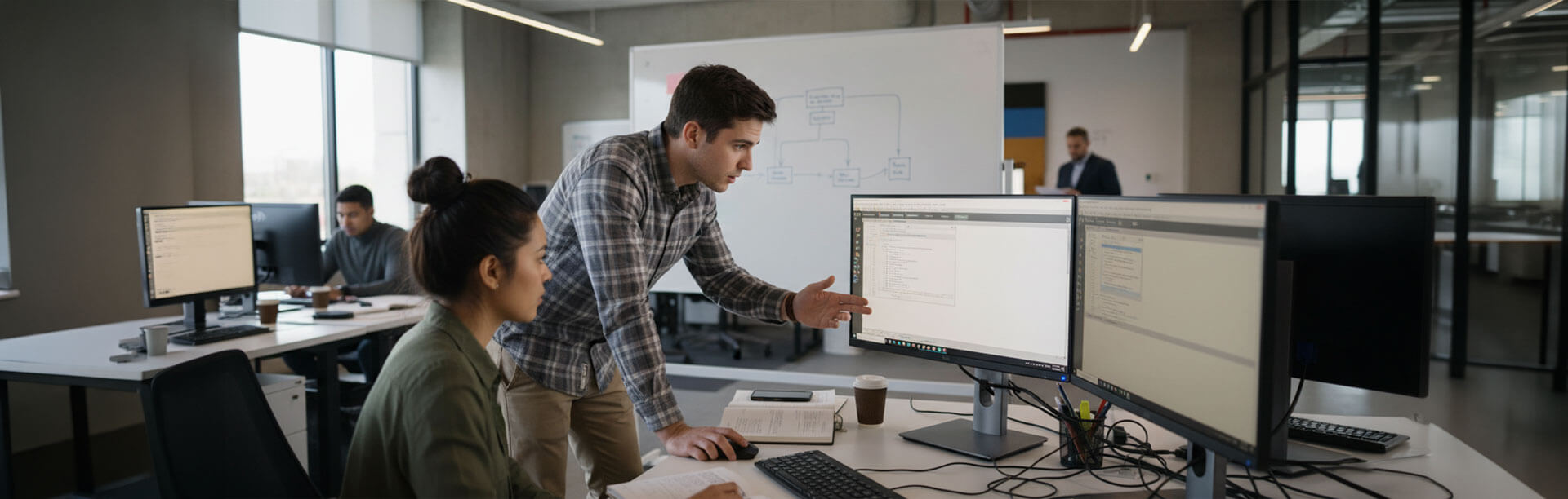 Two people troubleshooting SOLIDWORKS and 3DEXPERIENCE on a computer in an office