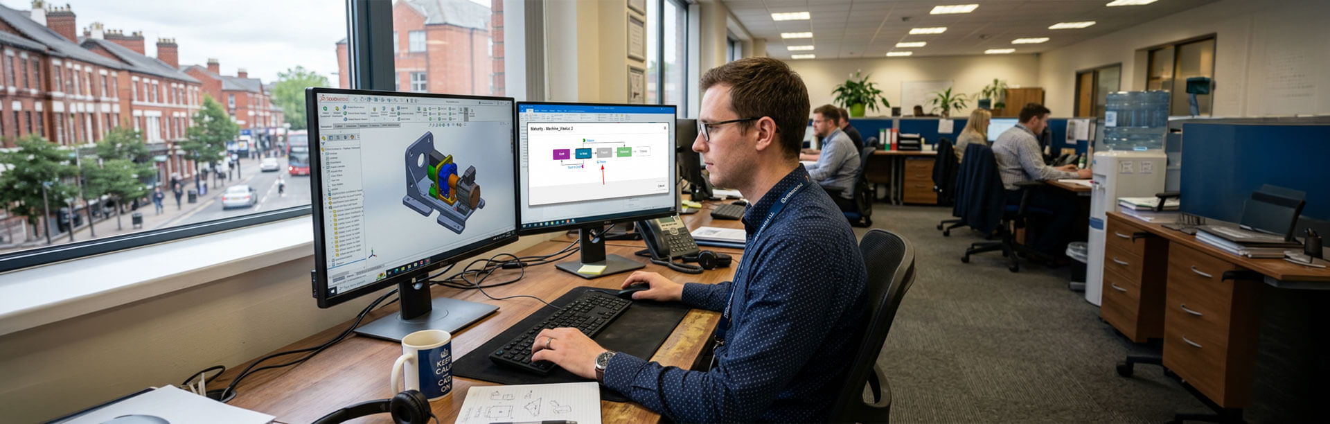 An image of a designer using a computer with SOLIDWORKS running with Automatic Approvals.