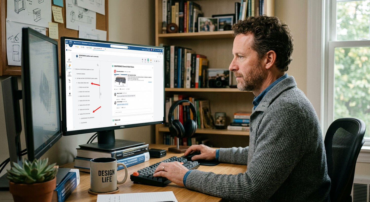 A man looking at 3DEXPERIENCE updates on his computer