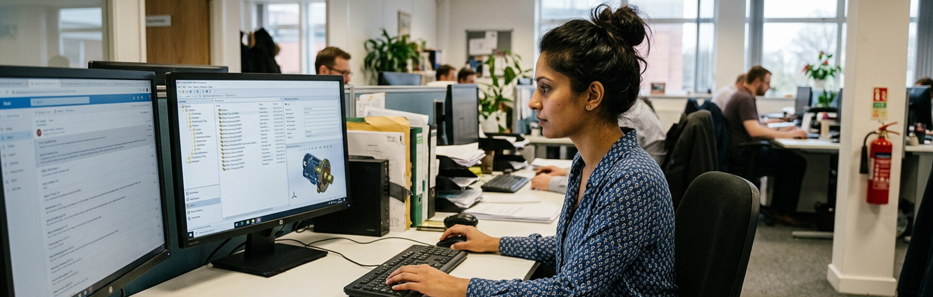 A person working in an office working on a computer with SOLIDWORKS PDM running
