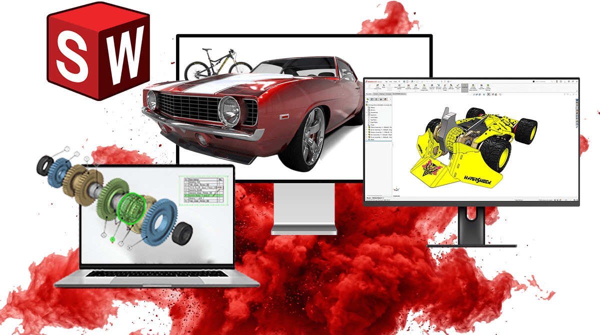 A banner image with computers running SOLIDWORKS and a red powder background