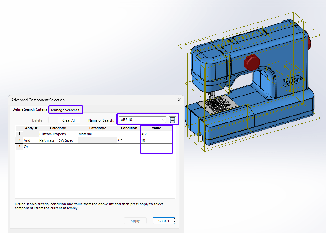 Showing how to use the advance selection tool in SOLIDWORKS