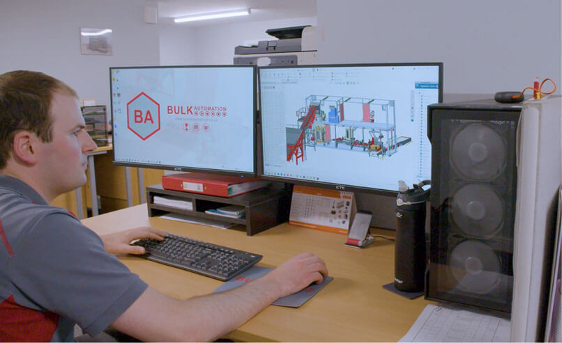 A Bulk Automation employee designing with SOLIDWORKS and 3DEXPERIENCE