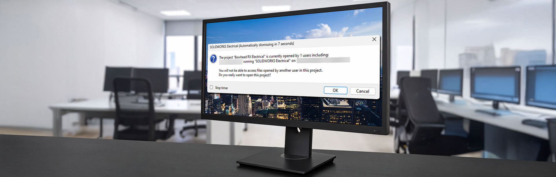 A computer screen showing the SOLIDWORKS Electrical error - the project is opened by another user