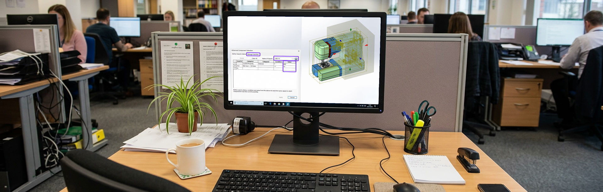 A computer monitor with the SOLIDWORKS Selection Tools displayed on it
