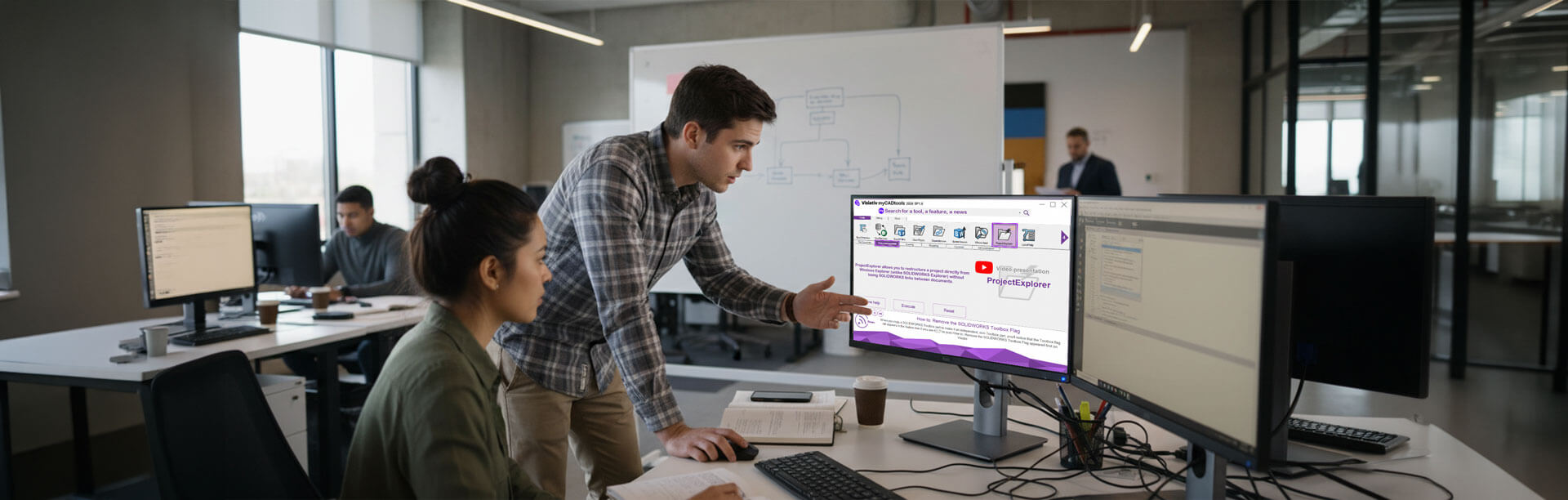 Two people looking at a computer with myCADtools running on it