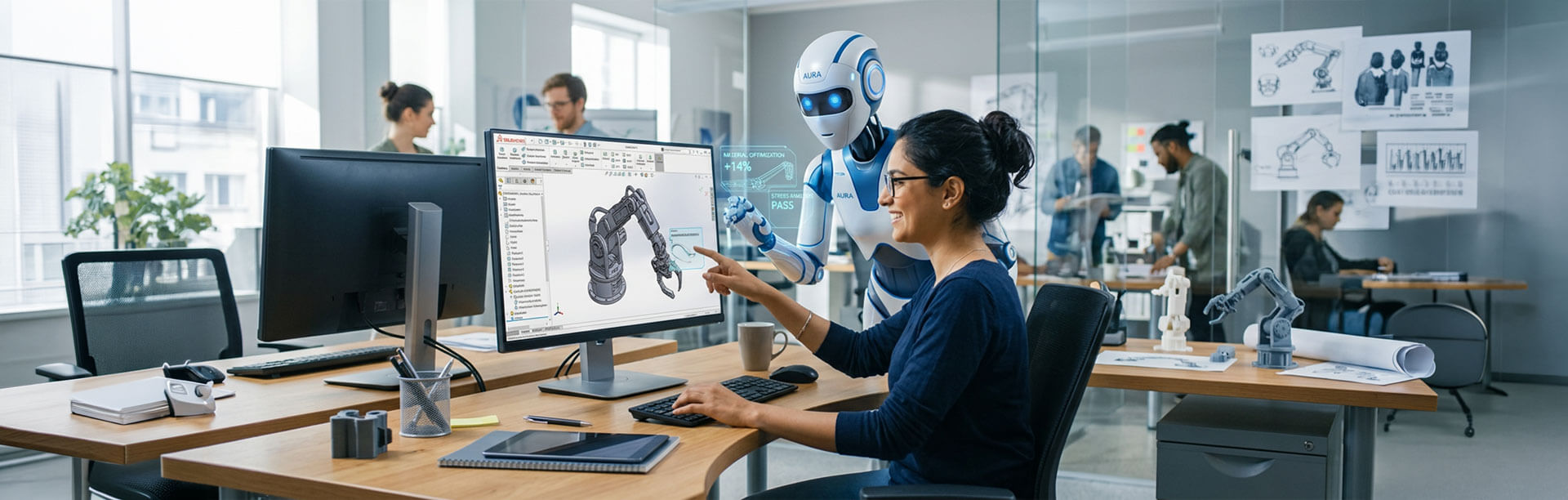 A banner image of a designer working with an AI companion representation