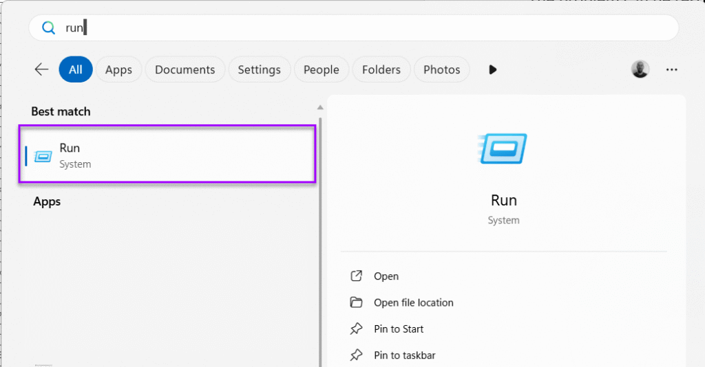A screenshot of the start menu with 'Run' in the search box