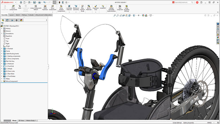 Cycle assembly with handlebars, cabling and blue components displayed in SOLIDWORKS Design